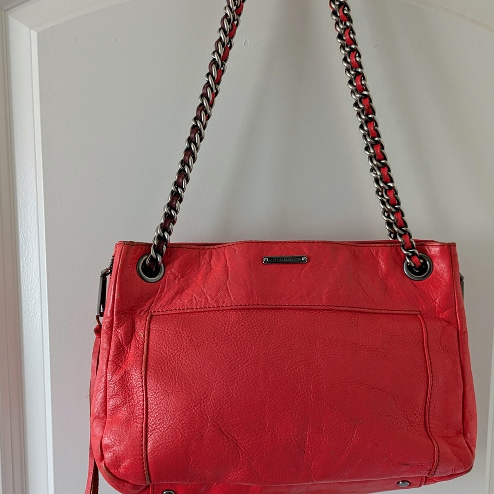 Jessica Minkoff Coral Red Leather Shoulder Bag Silver Hardware.